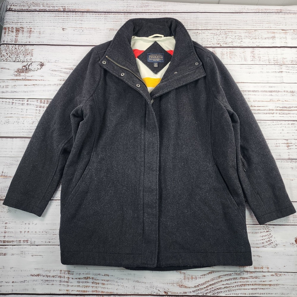 Pendleton Campbell Wool Coat Women XL Charcoal Glacier Stripe Lined Zip Snap